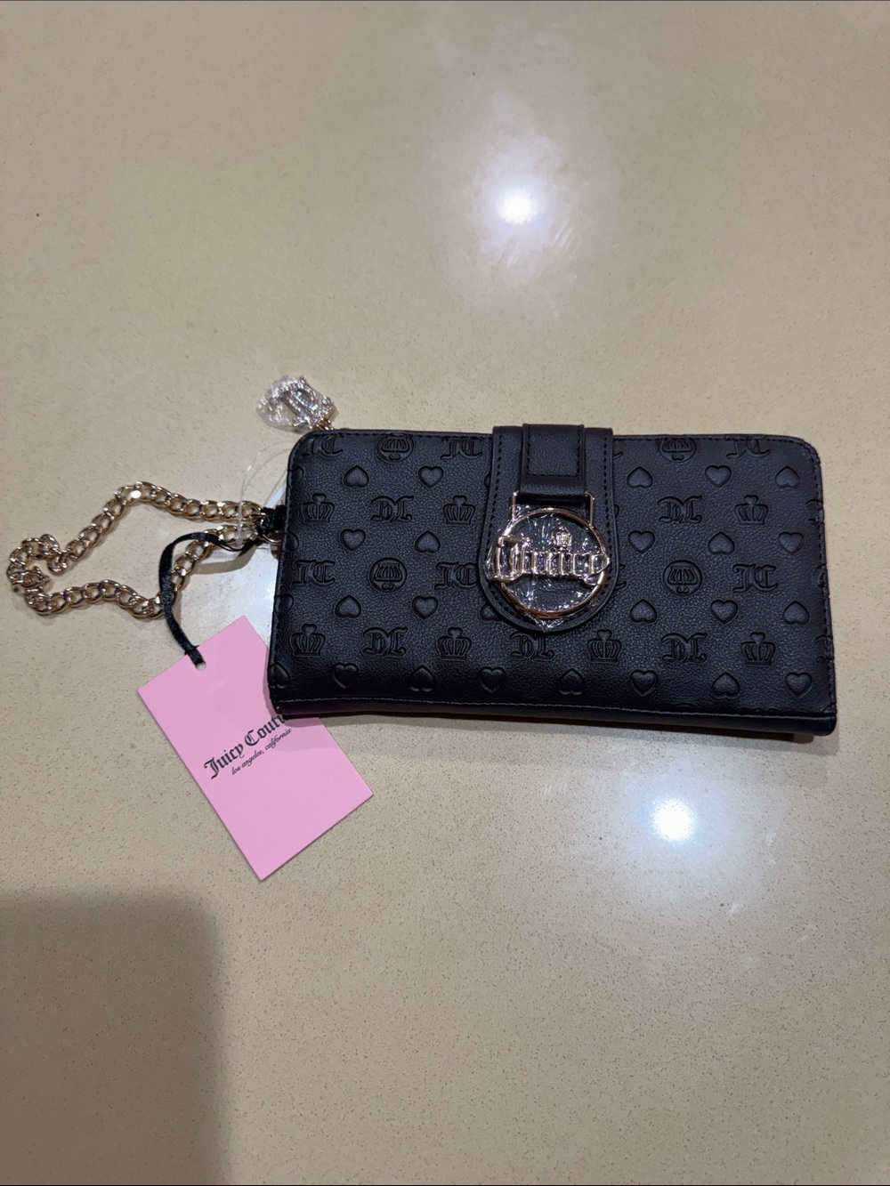 Juicy Couture Black Embossed Logo Wallet with Gold Chain Detail